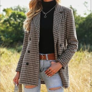 Wool-Mix Plaid Double Breasted Blazer